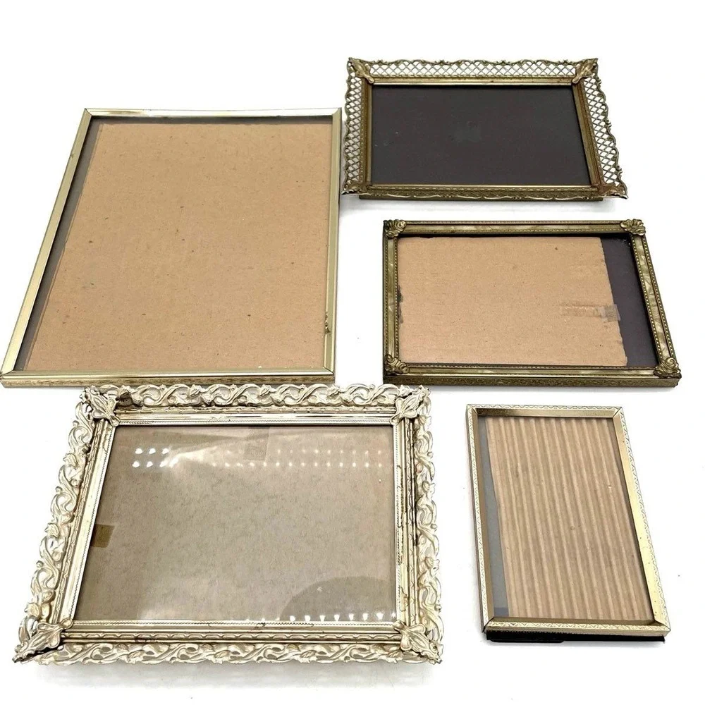 Vintage Picture Frame Lot of 5 Gold Tone Ornate Metal Frames Wall Tabletop Decor